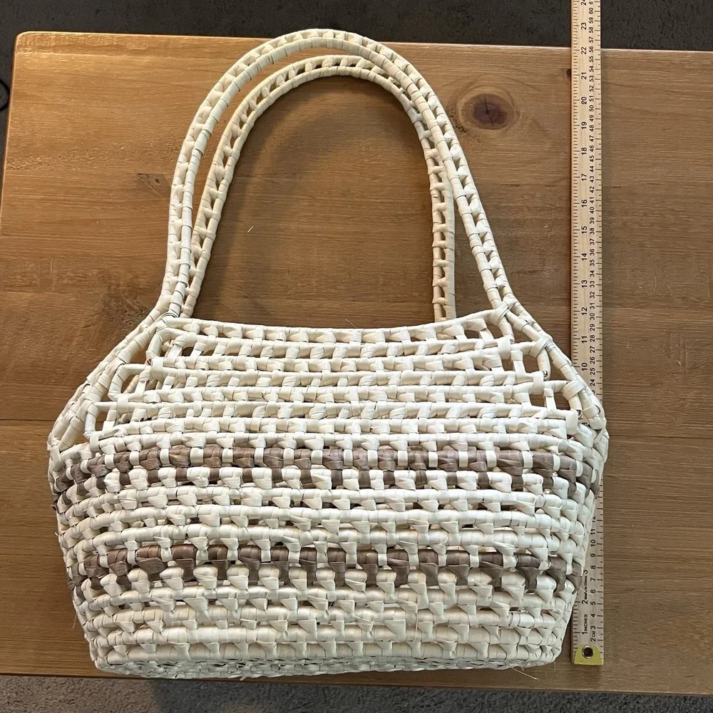 Woven Basket Shoulder Bag Cream Brown Boho Coastal Summer Tote Purse